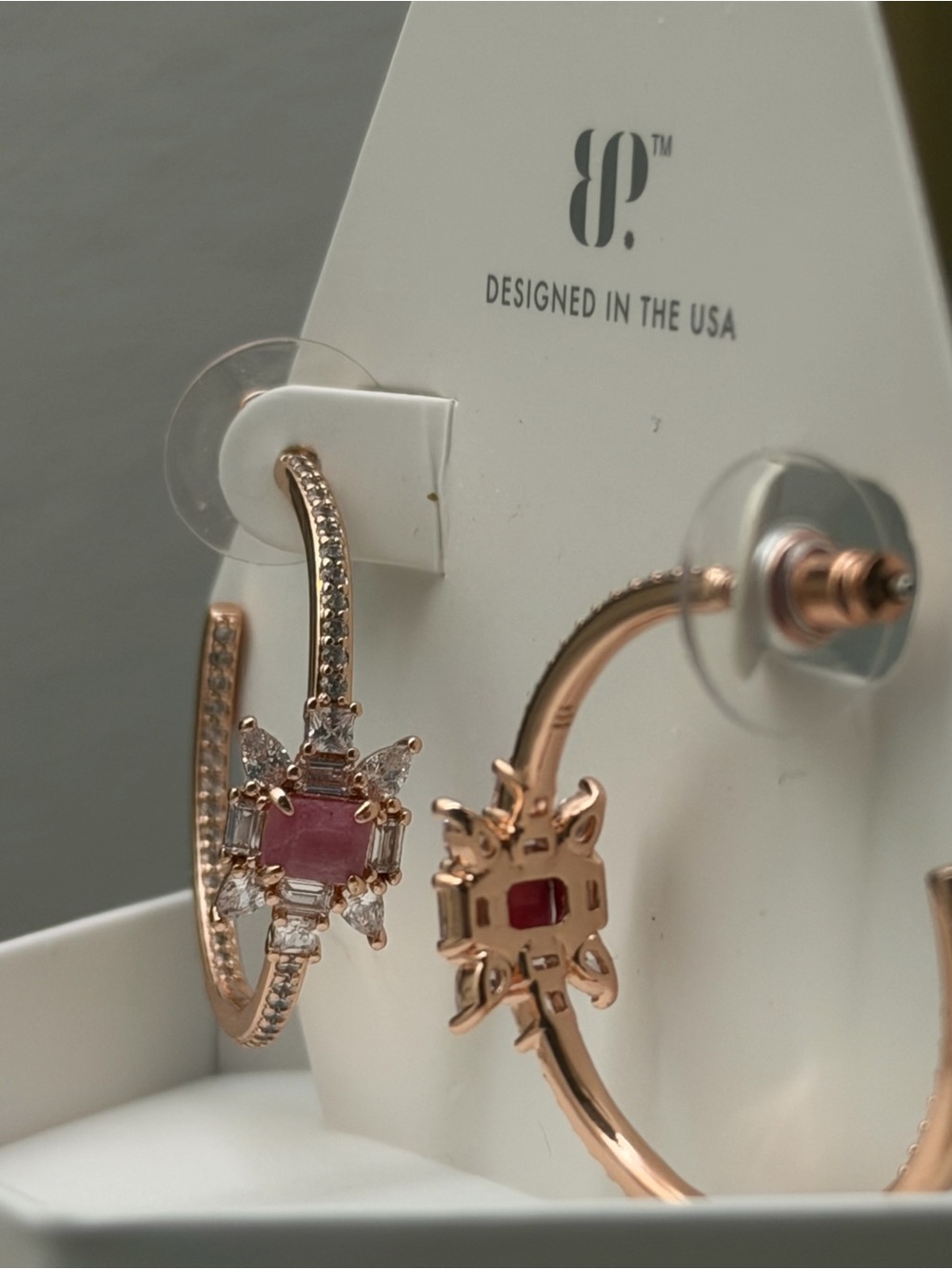 Rose Gold Hoop Earrings with Pink Stone and Crystal Accents BOMB PARTY